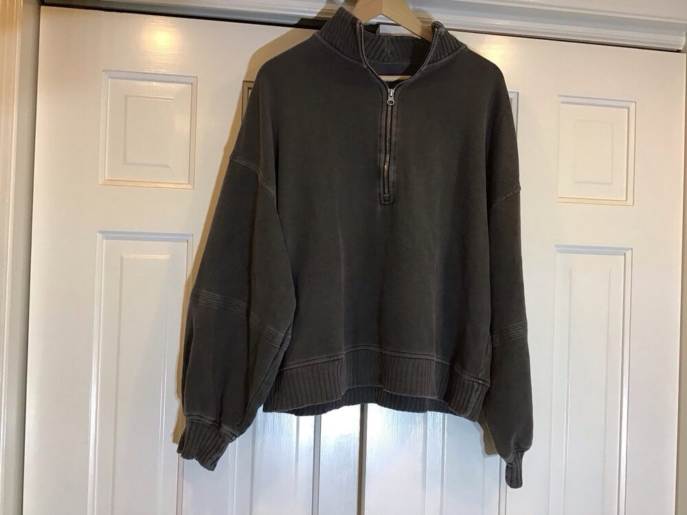 Aerie Womens L Quarter Zip Sweatshirt Gray Ribbed Hem Pullover Mock Neck Lounge